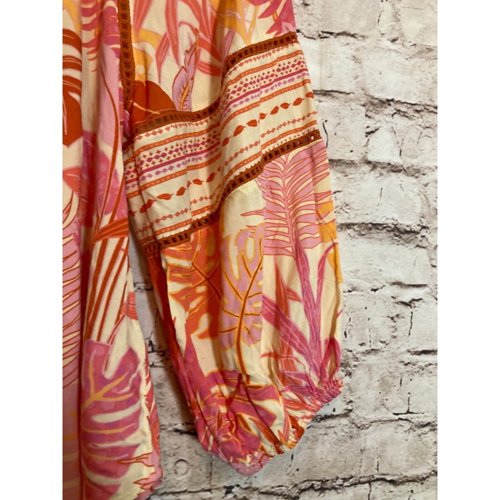 Haute Hippie Peasant Top Womens Medium Beaded Tassels Monstera Print Pink‎ Boho - Picture 6 of 14